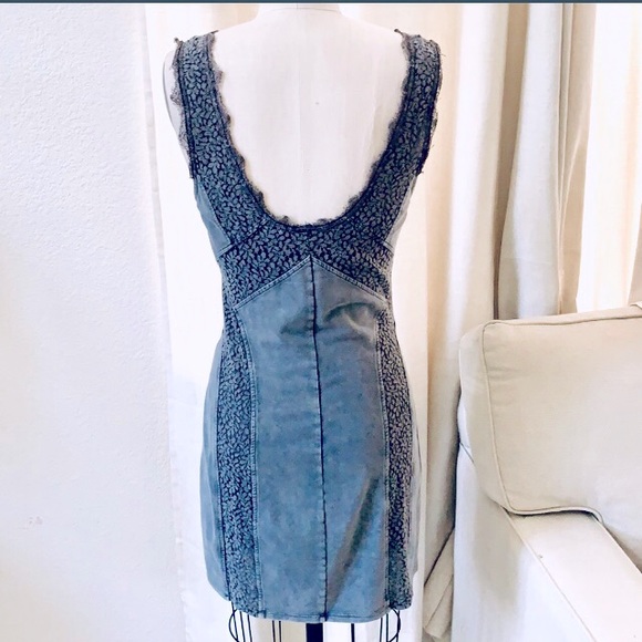 Free People BodyCon Tank Dress Blue/Grey w/ Lace Inlay Stone Wash Cotton/Spandex - Picture 2 of 14
